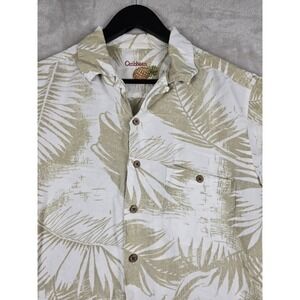 Caribbean Hawaiian Shirt Mens M Palm Leaf Linen Blend Short Sleeve Tropical